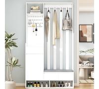 muenfly Perchero con banco y tablero de clavijas de 100 cm | Perchero zapatero blanco con 4 ganchos, banco acolchado estrecho, para entrada y lavandería