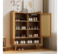 muenfly Zapatero de ratán y madera - Armario de pasillo con patas de madera maciza, 2 puertas y 5 estantes, para pasillo y pasillo, efecto roble, 80 x 105 x 35 cm