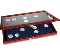 SAFE-5868-Holzmünzvitrinen-40-runde-Fächer-26mm-blaue-Einlage-Ideal-für