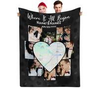 Muewent Manta personalizada con mapa de corazón con collage de 8 imágenes y mensaje personalizado, una manera especial de celebrar dónde comenzó el amor o donde la vida te trajo