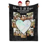 Muewent Manta personalizada con mapa de corazón diseñada con 8 fotos y texto personalizado, una manera creativa de celebrar una historia de amor o destino importante para parejas