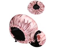 MUFEKUM Gorro grande ajustable de satén de doble cara para dormir, gorro de dormir de seda para mujeres, niñas, hombres, cuidado del cabello, cabello rizado y negro, rosa, One Size