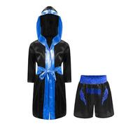 Mufeng Batas de Boxeo con Capucha, Kickboxing, Pantalones Cortos, Con Lentejuelas, Capa Abierta, 5-16 Años Black&Blue 15-16 años