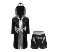 Mufeng Batas de Boxeo con Capucha, Kickboxing, Pantalones Cortos, Con Lentejuelas, Capa Abierta, 5-16 Años Black&Silver 15-16 años