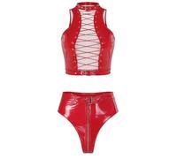 Mufeng Mujer Conjunto Top Corto Y Ropa Interior Hollow Out Club Cosplay | Conjunto Prendas Inferiores Con Cremallera En El Frente Central,Aspecto Sólido Y Húmedo,Lencería Gótica,Festival,Aniversario