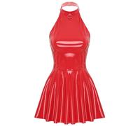 Mufeng Vestido Sexy Elegante de Cuero Brillante para Mujer Vestido Ajustado sin Mangas de Aspecto Mojado Minivestido Clubwear Rojo C XL