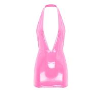 Mufeng Vestido Sexy Elegante de Cuero Brillante para Mujer Vestido Ajustado sin Mangas de Aspecto Mojado Minivestido Clubwear Rosa A XL