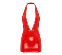 Mufeng Vestido Sexy Elegante de Cuero Brillante para Mujer Vestido Ajustado sin Mangas de Aspecto Mojado Minivestido Clubwear Rojo A XL