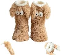 Muffle Friends Cozy Socks, Cute Big-Eyes Non-slip Winter Socks for Women, Thick Fleece Warm Floor Slipper Sock with Ears(Coffee)