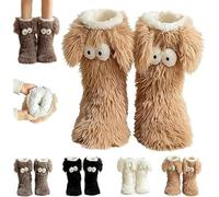 Muffle Friends Cozy Socks Cute Big-Eyes Winter, Women'S Winter Warm Fuzzy Non-Slip Slipper Socks, Winter Warm Fluffy Soft Slippers for Cold Weather Home Lounge-Khaki
