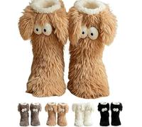 Muffle Friends Cozy Socks with Eyes for Women,funny Slippers for Women,Cute Big Eyes Women’s Funny Fuzzy Slipper Socks with Ears,Non-Slip House Warm Sock, Winter Warm Fluffy Soft Slippers (khaki)