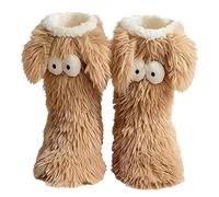 Muffle Friends Cozy Socks, Women's Winter Warm Fuzzy Slipper Socks with Cute Big Eyes Winter Home Sock (Coffee)