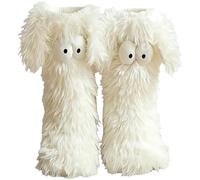 Muffle Friends Cozy Socks, Women's Winter Warm Fuzzy Slipper Socks with Cute Big Eyes Winter Home Sock (White)