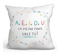 MUGFFINS Cojín 40x40 cm para Maestra Mujer Relleno Incluído - En Español - AEIOU Mejor profe - Regalo Original y Divertido