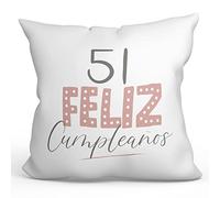 MUGFFINS Cojín 40x40 cm Relleno Incluído para Regalar en un Feliz Cumpleaños 51 - En Español - ¡Feliz Cumpleaños! Rosa - Regalo Original y Divertido