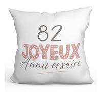 MUGFFINS Cojín 40x40 cm Relleno Incluído para Regalar en un Feliz Cumpleaños 82 - En Francés - Joyeux Anniversaire! Rose - Regalo Original y Divertido