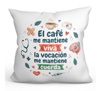 MUGFFINS Cojín con Relleno 40x40 | Regalo médico Enfermera Frase El café me Mantiene Viva la vocación me Mantiene Cuerda en Español | Original para Sanitaria, Doctora, Cuidadora | Sanitarios v2