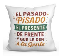 MUGFFINS Cojín con Relleno Cojines Originales para Regalar | Cojines Divertidos | Humor | El Pasado pisado el Presente de Frente... en Español | 40x40cm | poliéster | Graciosas v2