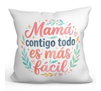 MUGFFINS Cojín con Relleno Regalo Madre | Mamá contigo Todo es más fácil en Español | 40x40cm poliéster Suave | Idea Original para Regalar | progenitores v2