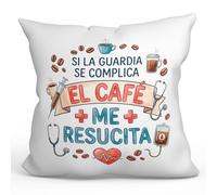 MUGFFINS Cojín con Relleno Regalo médico 40x40 | cojín Enfermera con Frase Si la Guardia se complica el café me resucita en Español | para Sanitarios, Doctores, Enfermeros | Sanitarios v2