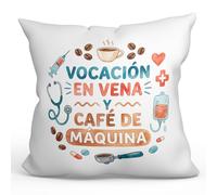 MUGFFINS Cojín con Relleno Regalo médico 40x40 | cojín Enfermera con Frase Vocación en vena y café de máquina en Español | para Sanitarios, Doctores, Enfermeros | Sanitarios v1