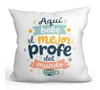 MUGFFINS cojín con Relleno Regalo Profesor | cojín profe con Frase Aquí Bebe el Mejor profe del Mundo en Español | Detalle Maestro 40x40cm | poliéster Suave | Idea Original para docentes Infantil v3