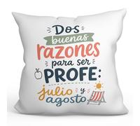MUGFFINS Cojín con Relleno Regalo Profesora Divertida | Dos Buenas Razones para ser profe: Julio y Agosto en Español | 40x40cm poliéster | Detalle Original docente | Enseñanza v1