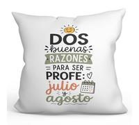 MUGFFINS Cojín con Relleno Regalo Profesora Divertida | Dos Buenas Razones para ser profe: Julio y Agosto en Español | 40x40cm poliéster | Detalle Original docente | Enseñanza v2