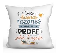 MUGFFINS Cojín con Relleno Regalo Profesora Divertida | Dos Buenas Razones para ser profe: Julio y Agosto en Español | 40x40cm poliéster | Detalle Original docente | Enseñanza v4