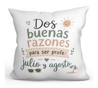 MUGFFINS Cojín con Relleno Regalo Profesora Divertida | Dos Buenas Razones para ser profe: Julio y Agosto en Español | 40x40cm poliéster | Detalle Original docente | Enseñanza v6