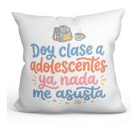MUGFFINS Cojín con Relleno Regalo Profesora Divertida | Doy Clase a Adolescentes ya Nada me Asusta en Español | 40x40cm poliéster | Detalle Original docente | Profesorado v3