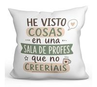 MUGFFINS Cojín con Relleno Regalo Profesora Divertida | He Visto Cosas en una Sala de profes Que no creeríais en Español | 40x40cm poliéster | Detalle Original docente | Enseñanza v3