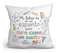 MUGFFINS cojín Gracioso médico con Relleno | Mi Letra es un espanto Pero curo como un Santo en Español | Regalo Divertido Doctor, Hospital, cumpleaños, Navidad, Amigo Invisible | Medicina v1