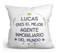 MUGFFINS Cojín Personalizable 40x40 cm para Agente INMOBILIARIO Hombre Relleno Incluído - En Español - Mejor del Mundo - Regalo Original y Divertido