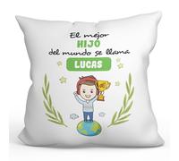 MUGFFINS Cojín Personalizable 40x40 cm para Hijo Relleno Incluído - En Español - Eres Mejor del Mundo - Regalo Original y Divertido
