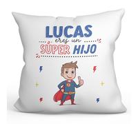 MUGFFINS Cojín Personalizable 40x40 cm para Hijo Relleno Incluído - En Español - ¡Eres Súper! - Regalo Original y Divertido