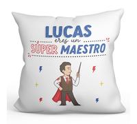 MUGFFINS Cojín Personalizable 40x40 cm para Maestro Hombre Relleno Incluído - En Español - ¡Eres Súper! - Regalo Original y Divertido