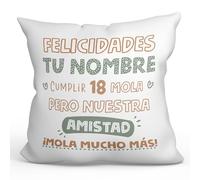 MUGFFINS Cojín Personalizable 40x40 cm Relleno Incluído para Regalar en un Feliz Cumpleaños - En Español - Mola Mucho Más 2 - Regalo Original y Divertido