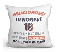 MUGFFINS Cojín Personalizable 40x40 cm Relleno Incluído para Regalar en un Feliz Cumpleaños - En Español - Mola Mucho Más - Regalo Original y Divertido