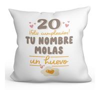 MUGFFINS Cojín Personalizable 40x40 cm Relleno Incluído para Regalar en un Feliz Cumpleaños - En Español - Molas un Huevo - Regalo Original y Divertido
