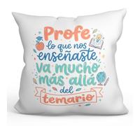 MUGFFINS cojín Profesora con Relleno | cojín Profesor con Frase Profe lo Que Nos enseñaste va Mucho más allá del temario en Español | Regalo profe Agradecimiento | Profesorado v1