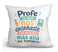 MUGFFINS cojín Profesora con Relleno | cojín Profesor con Frase Profe lo Que Nos enseñaste va Mucho más allá del temario en Español | Regalo profe Agradecimiento | Infantil v1