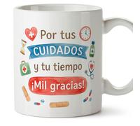 MUGFFINS regalo agradecimiento médico | taza enfermera gracias con frase Por tus cuidados y tu tiempo ¡Mil gracias! en Español | 330 Ml 11 oz | microondas y lavavajillas | sanitarios v6