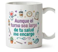MUGFFINS regalo médico | Taza enfermera con frase Aunque el turno sea largo de tu salud me encargo en Español 330 Ml/11 oz | Idea original para sanitarios, doctores y cuidadores | sanitarios v3
