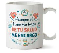 MUGFFINS regalo médico | Taza enfermera con frase Aunque el turno sea largo de tu salud me encargo en Español 330 Ml/11 oz | Idea original para sanitarios, doctores y cuidadores | sanitarios v1