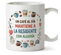 MUGFFINS regalo médico | Taza enfermera con frase Un café al día mantiene a la residente con alegría en Español 330 Ml/11 oz | Idea original para sanitaria, doctora, cuidadora | sanitarios v5
