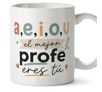 MUGFFINS regalo profesor divertido | taza profe con frase a,e,i,o,u el mejor profe eres tú en Español | detalle maestro cerámica 330 Ml/11 oz | desayuno colegio | Enseñanza v6