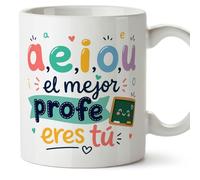 MUGFFINS regalo profesor divertido | taza profe con frase a,e,i,o,u el mejor profe eres tú en Español | detalle maestro cerámica 330 Ml/11 oz | desayuno colegio | Infantil v4