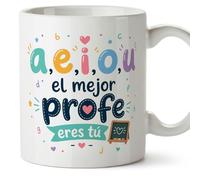 MUGFFINS regalo profesor divertido | taza profe con frase a,e,i,o,u el mejor profe eres tú en Español | detalle maestro cerámica 330 Ml/11 oz | desayuno colegio | Infantil v3