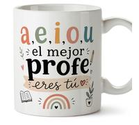 MUGFFINS regalo profesor divertido | taza profe con frase a,e,i,o,u el mejor profe eres tú en Español | detalle maestro cerámica 330 Ml/11 oz | desayuno colegio | Enseñanza v1